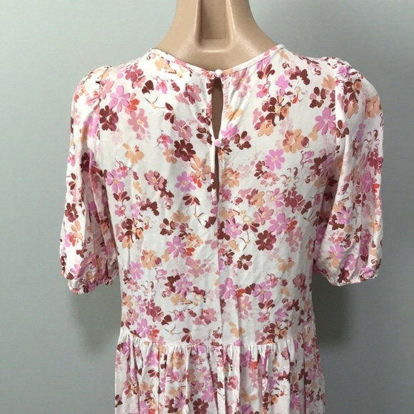 H&M Floral Pink Beige Midi Dress Drop Waist XS - Picture 4 of 6